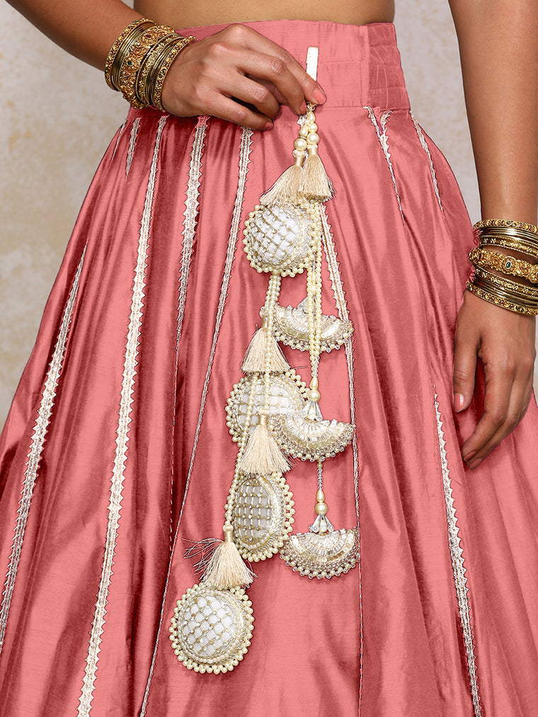 Mahira x Tyohaar Lehenga Set, in Pink Chandheri, featuring elbow sleeves and scoop neckline, made for party & festive (view 3).