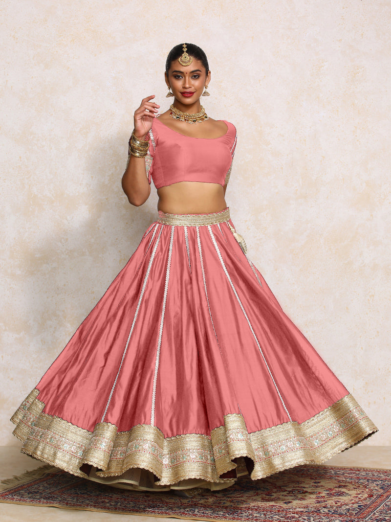 Mahira x Tyohaar | Rose Pink Plain Chandheri FlareFit™ Lehenga Set with Dupatta-Binks