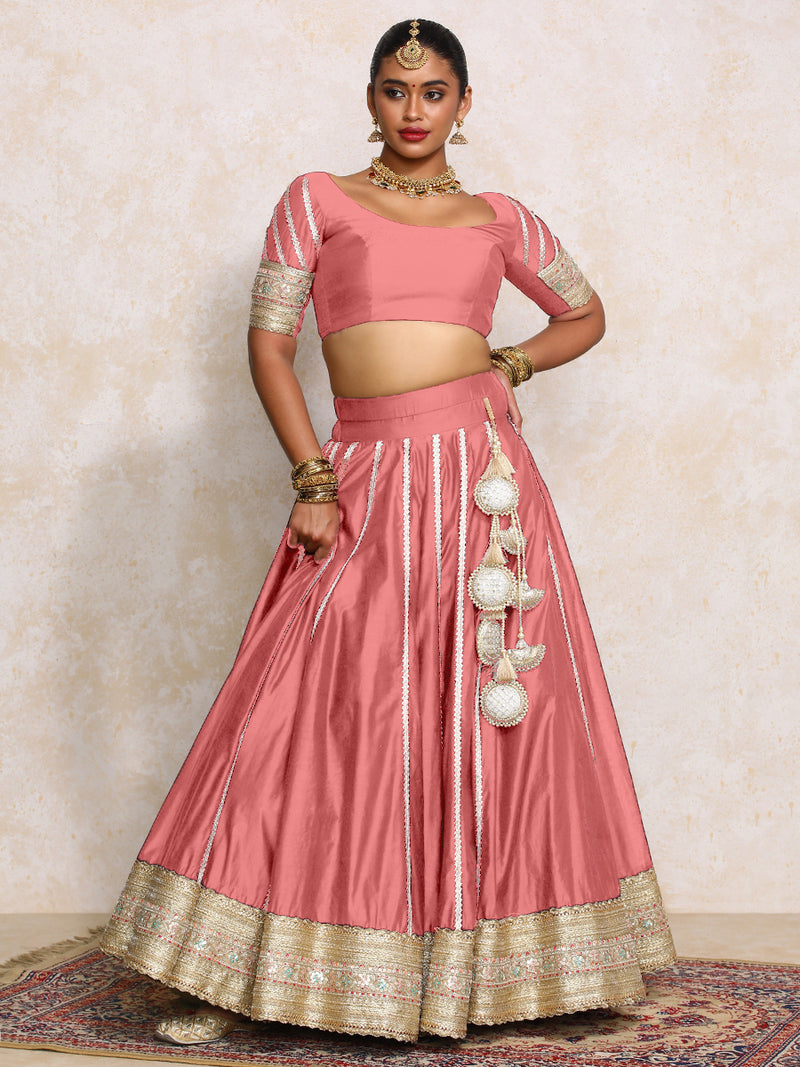 Mahira x Tyohaar | Rose Pink Plain Chandheri FlareFit™ Lehenga Set with Dupatta-Binks