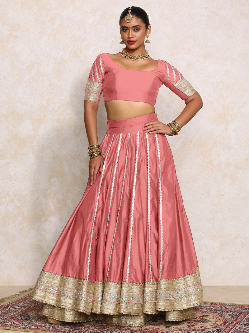 Mahira x Tyohaar | Rose Pink Plain Chandheri FlareFit™ Lehenga Set with Dupatta-Binks