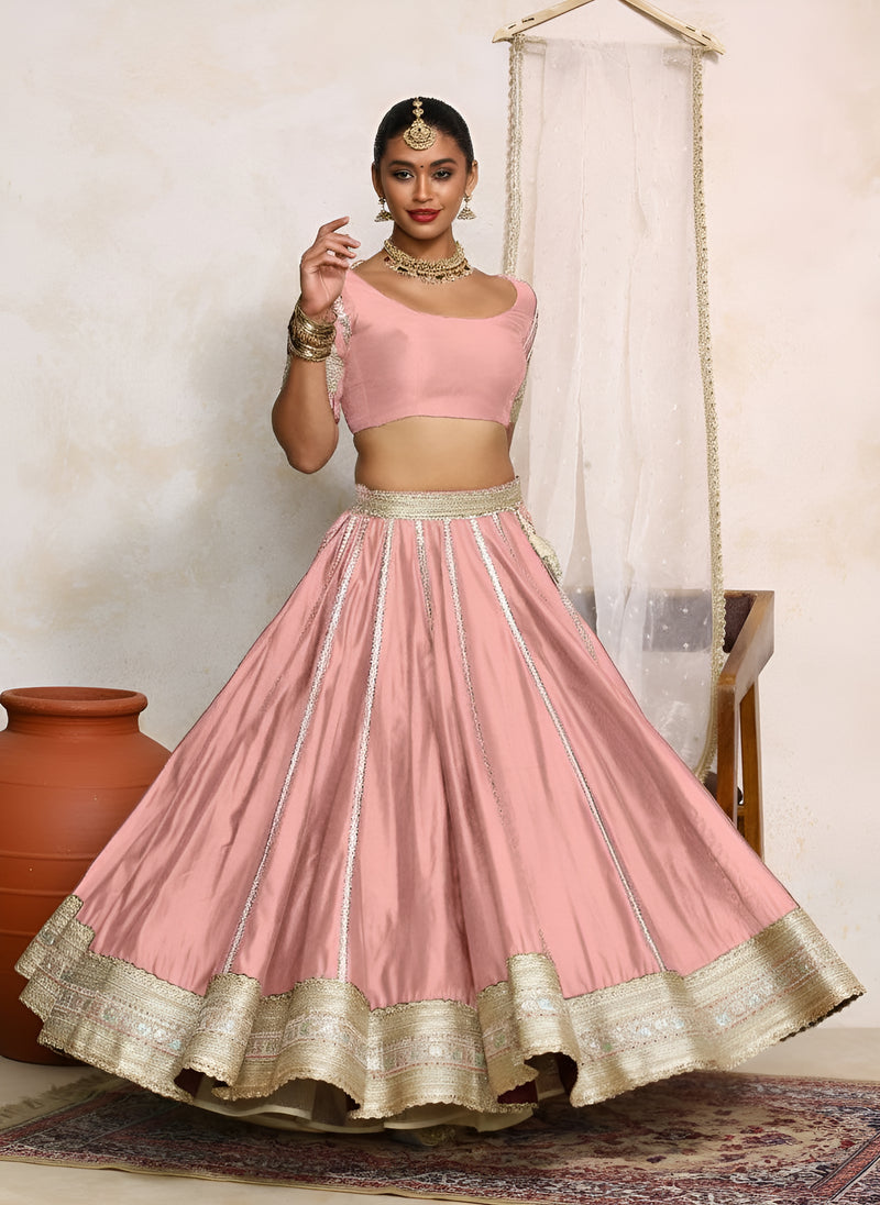 Mahira x Tyohaar | Sea Pink Plain Chandheri FlareFit™ Lehenga Set with Dupatta-Binks