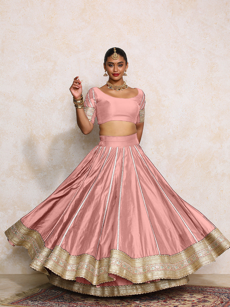 Mahira x Tyohaar | Sea Pink Plain Chandheri FlareFit™ Lehenga Set with Dupatta-Binks