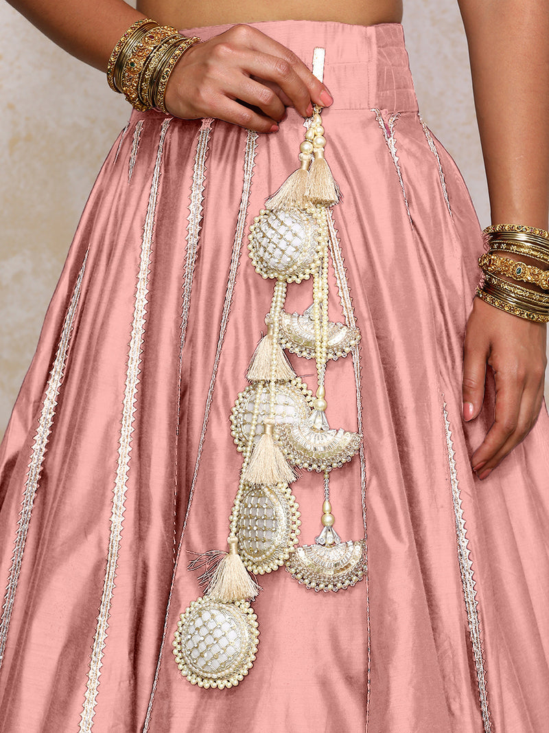 Mahira x Tyohaar | Sea Pink Plain Chandheri FlareFit™ Lehenga Set with Dupatta-Binks