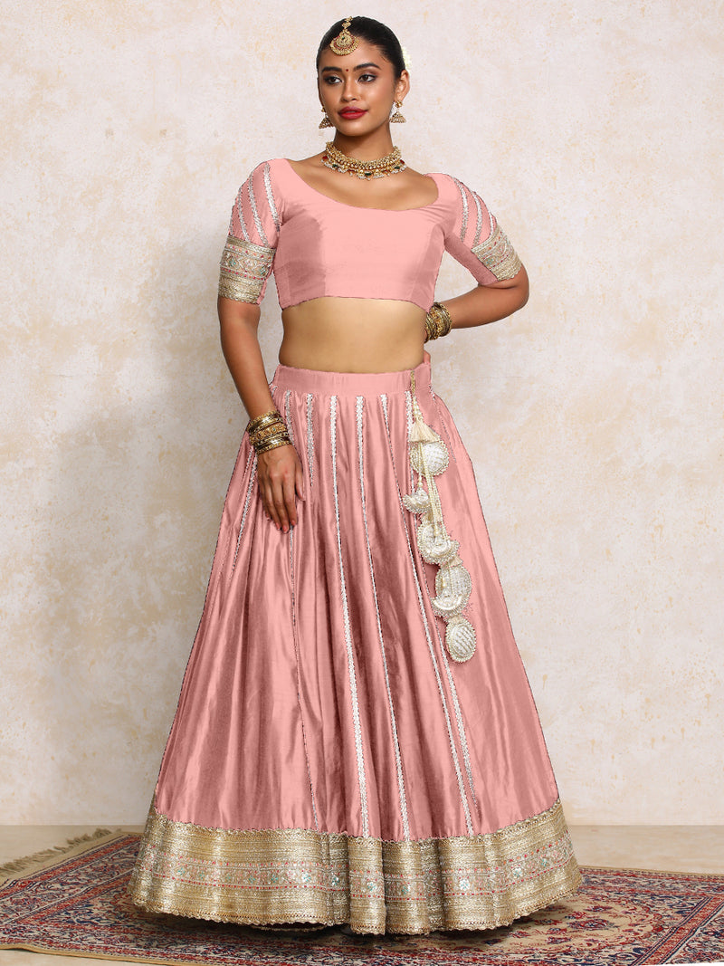 Mahira x Tyohaar | Sea Pink Plain Chandheri FlareFit™ Lehenga Set with Dupatta-Binks