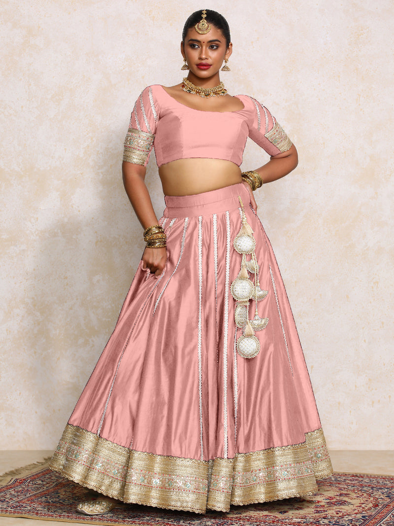 Mahira x Tyohaar | Sea Pink Plain Chandheri FlareFit™ Lehenga Set with Dupatta-Binks