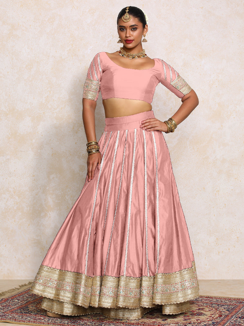 Mahira x Tyohaar | Sea Pink Plain Chandheri FlareFit™ Lehenga Set with Dupatta-Binks