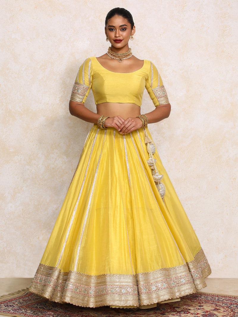 Mahira x Tyohaar | Sunny Yellow Plain Chandheri FlareFit™ Lehenga Set-Binks