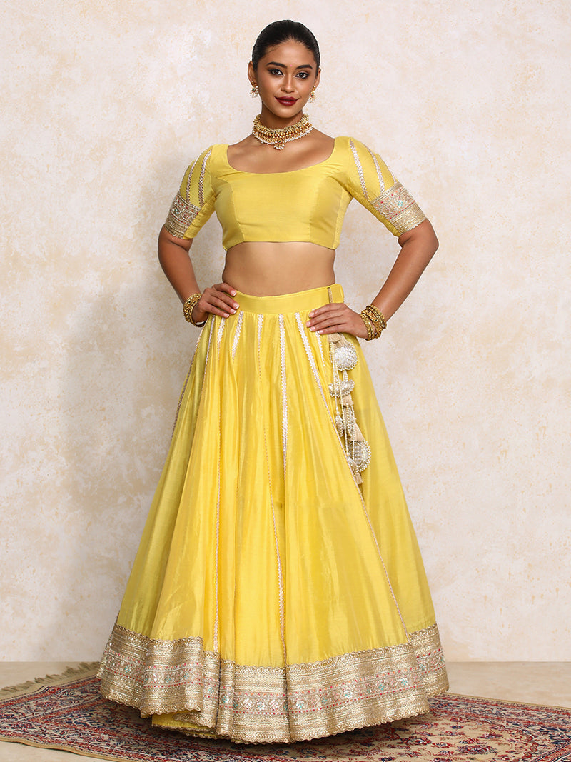 Mahira x Tyohaar | Sunny Yellow Plain Chandheri FlareFit™ Lehenga Set-Binks