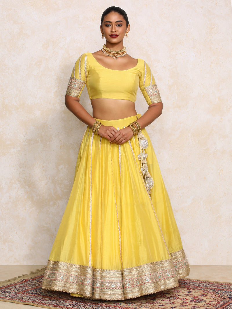 Mahira x Tyohaar | Sunny Yellow Plain Chandheri FlareFit™ Lehenga Set-Binks