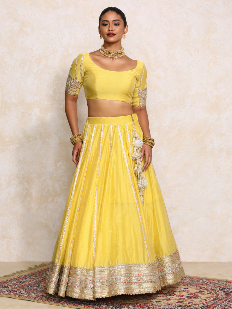 Mahira x Tyohaar | Sunny Yellow Plain Chandheri FlareFit™ Lehenga Set-Binks