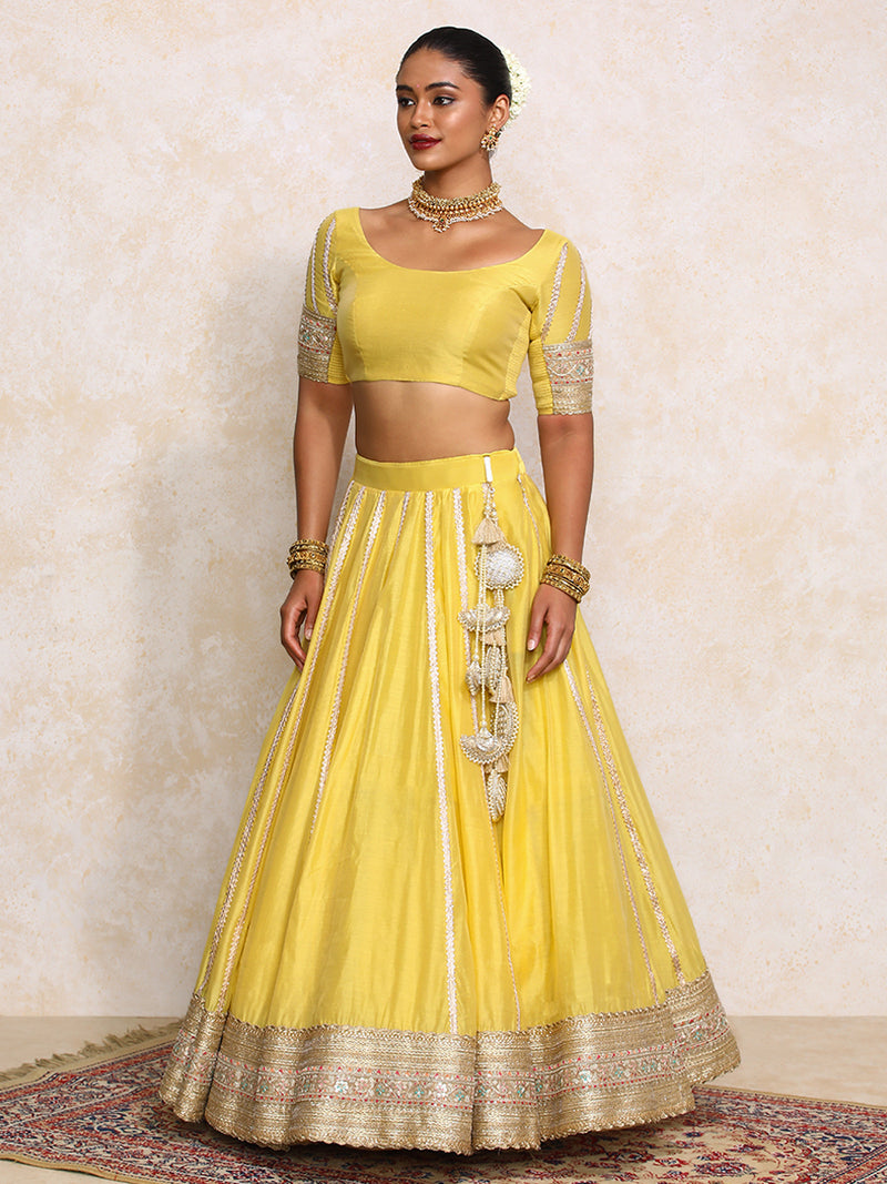 Mahira x Tyohaar | Sunny Yellow Plain Chandheri FlareFit™ Lehenga Set-Binks