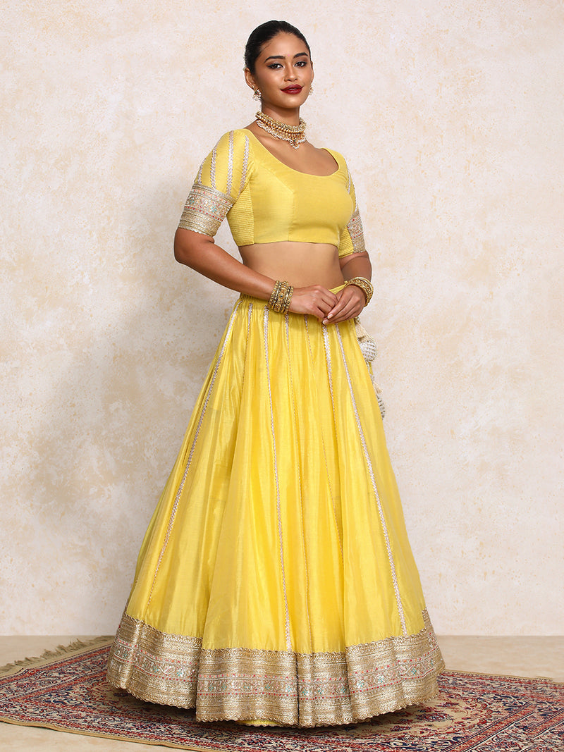Mahira x Tyohaar | Sunny Yellow Plain Chandheri FlareFit™ Lehenga Set-Binks