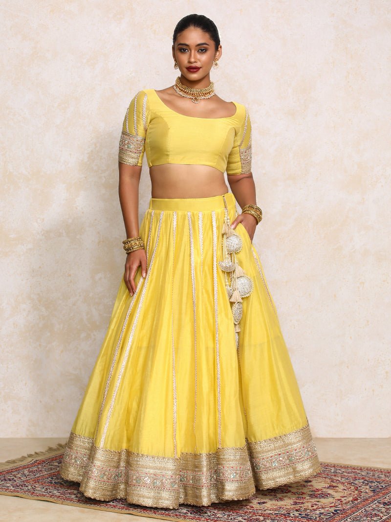 Mahira x Tyohaar | Sunny Yellow Plain Chandheri FlareFit™ Lehenga Set-Binks