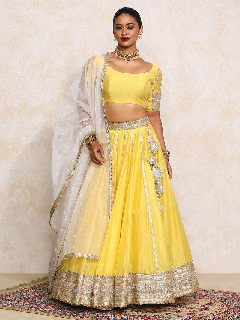 Mahira x Tyohaar | Sunny Yellow Plain Chandheri FlareFit™ Lehenga Set-Binks