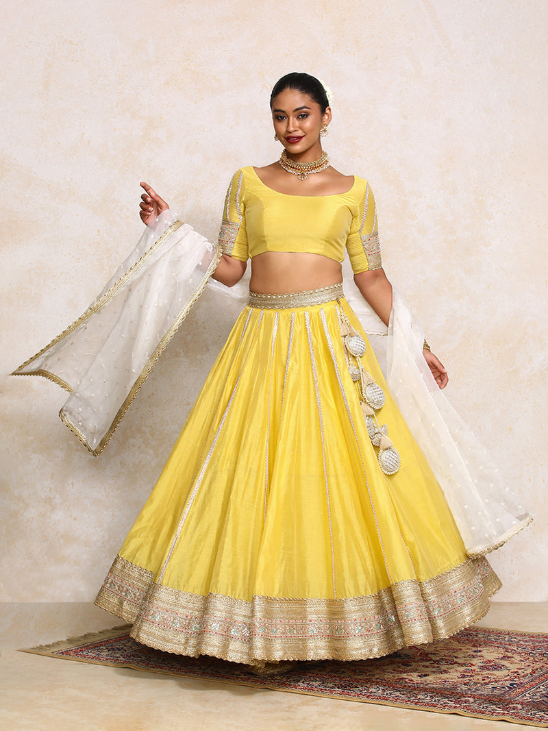 Mahira x Tyohaar | Sunny Yellow Plain Chandheri FlareFit™ Lehenga Set-Binks