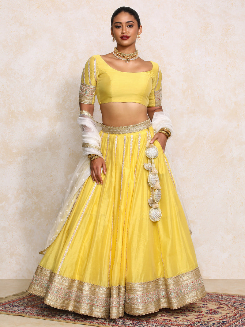 Mahira x Tyohaar | Sunny Yellow Plain Chandheri FlareFit™ Lehenga Set-Binks