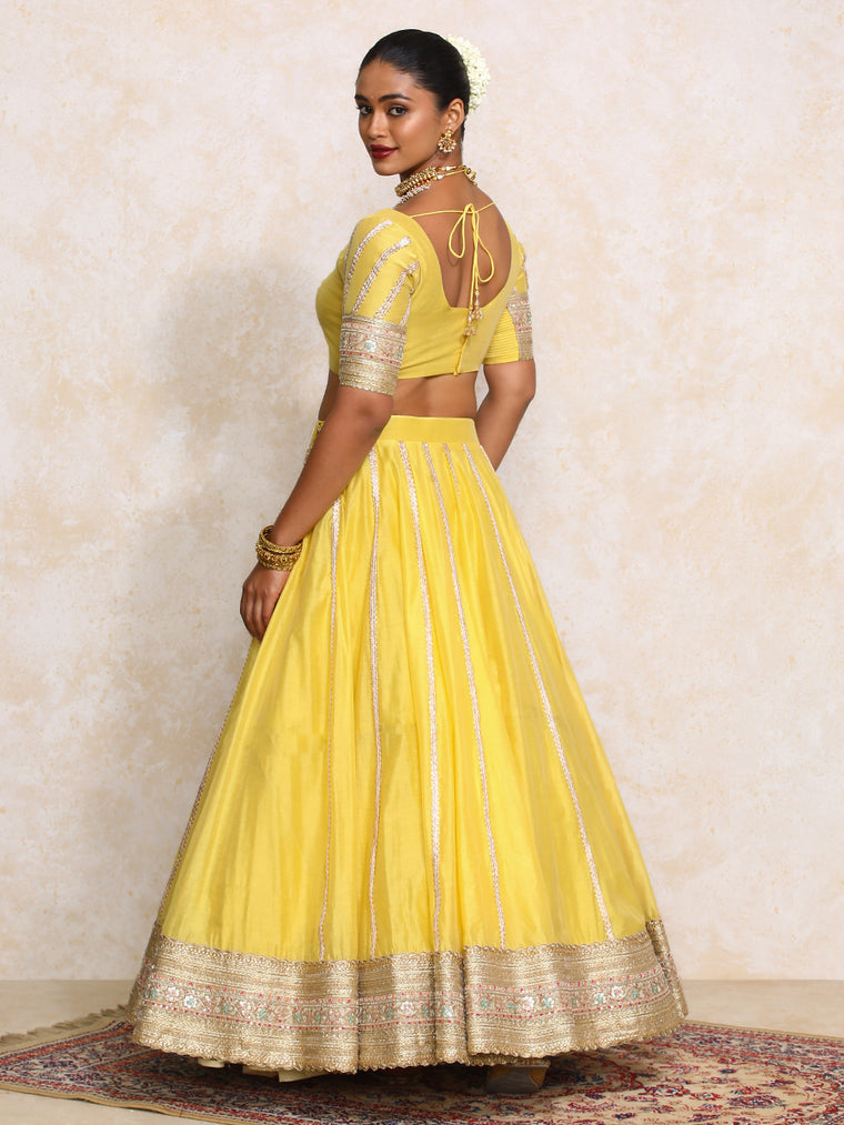 Mahira x Tyohaar Lehenga Set, in Yellow Chandheri, featuring elbow sleeves and scoop neckline, made for party & festive.