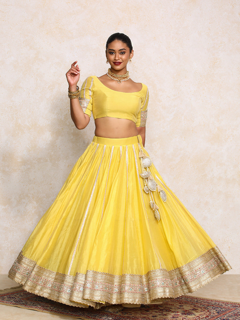 Mahira x Tyohaar | Sunny Yellow Plain Chandheri FlareFit™ Lehenga Set-Binks