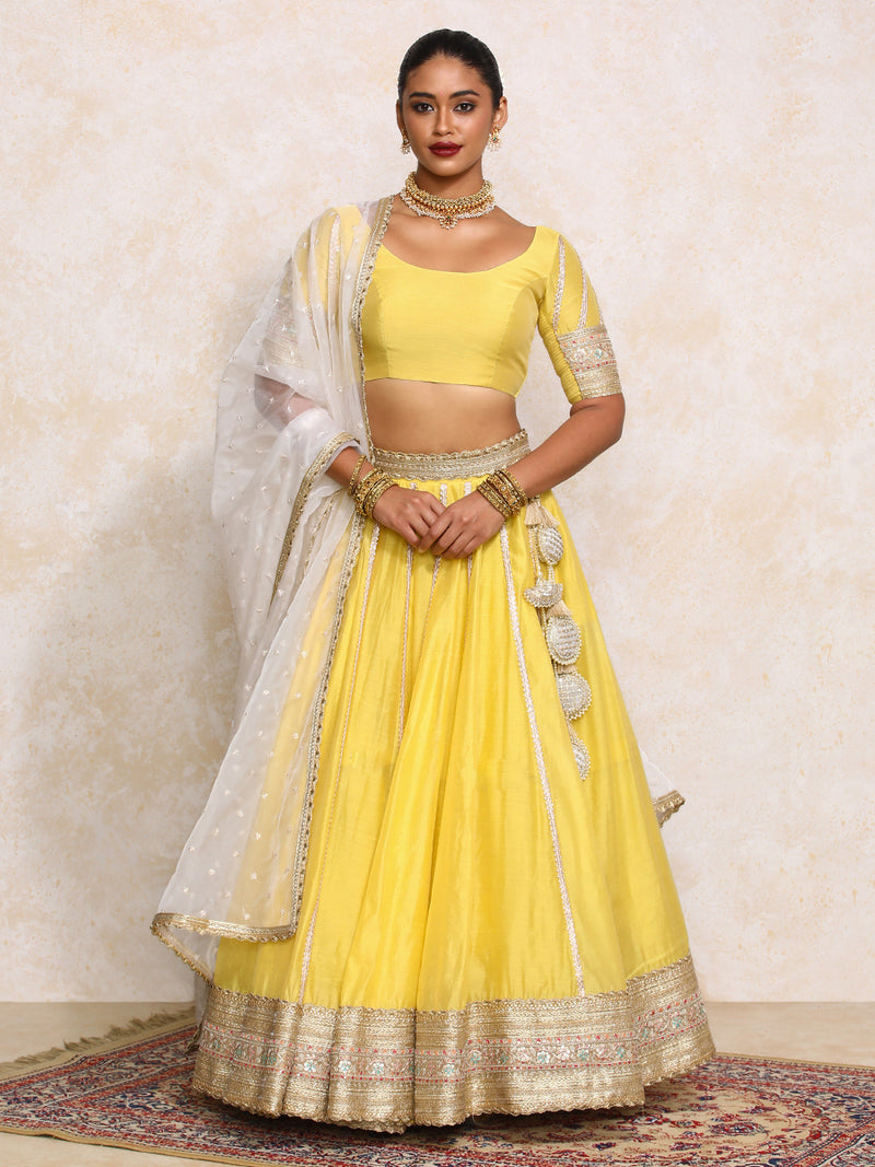 Mahira x Tyohaar | Sunny Yellow Plain Chandheri FlareFit™ Lehenga Set-Binks