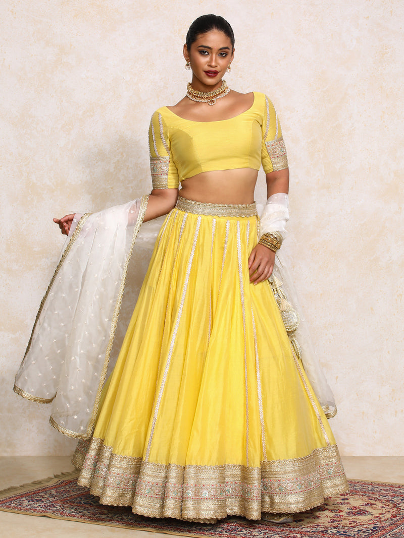Mahira x Tyohaar | Sunny Yellow Plain Chandheri FlareFit™ Lehenga Set-Binks