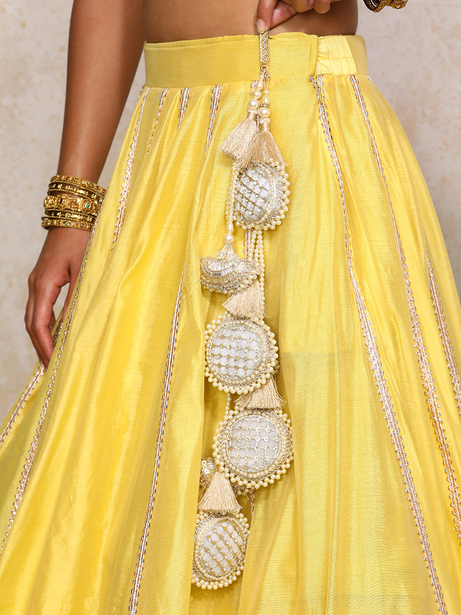 Mahira x Tyohaar Lehenga Set, in Yellow Chandheri, featuring elbow sleeves and scoop neckline, made for party & festive.