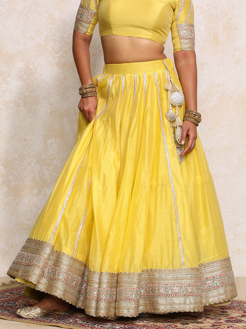 Mahira x Tyohaar | Sunny Yellow Plain Chandheri FlareFit™ Lehenga Set-Binks