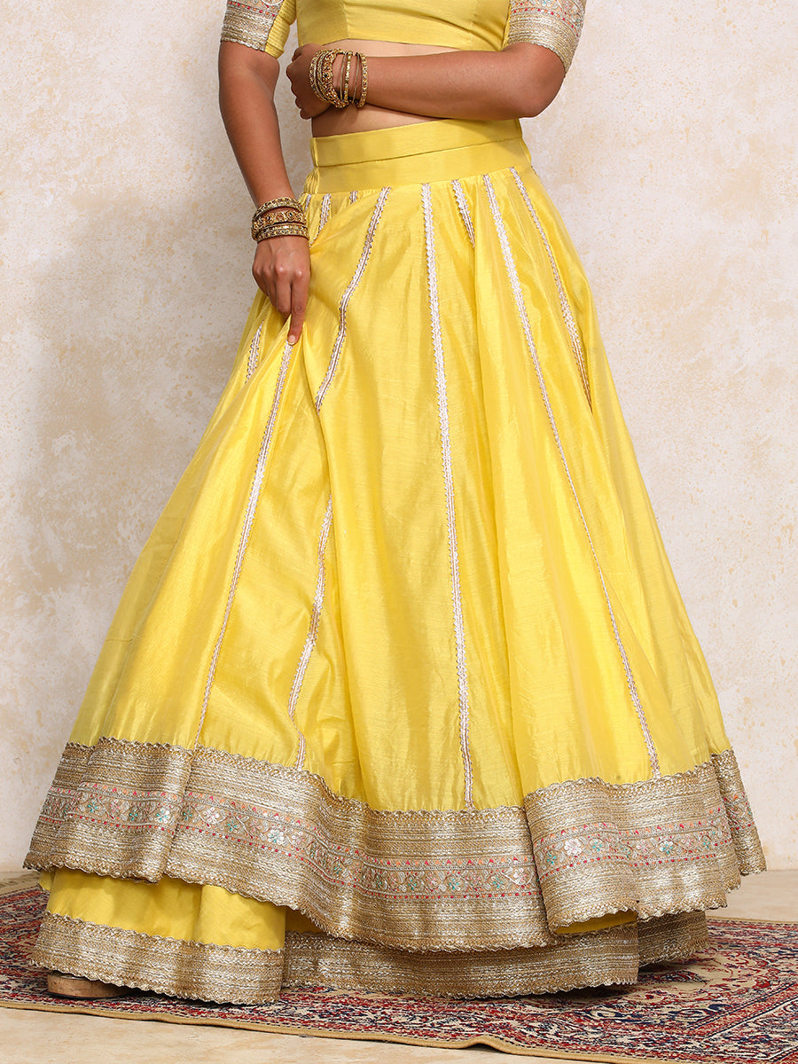 Mahira x Tyohaar Lehenga Set, in Yellow Chandheri, featuring elbow sleeves and scoop neckline, made for party & festive.