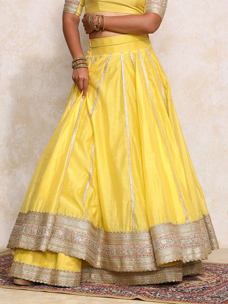 Mahira x Tyohaar | Sunny Yellow Plain Chandheri FlareFit™ Lehenga Set-Binks