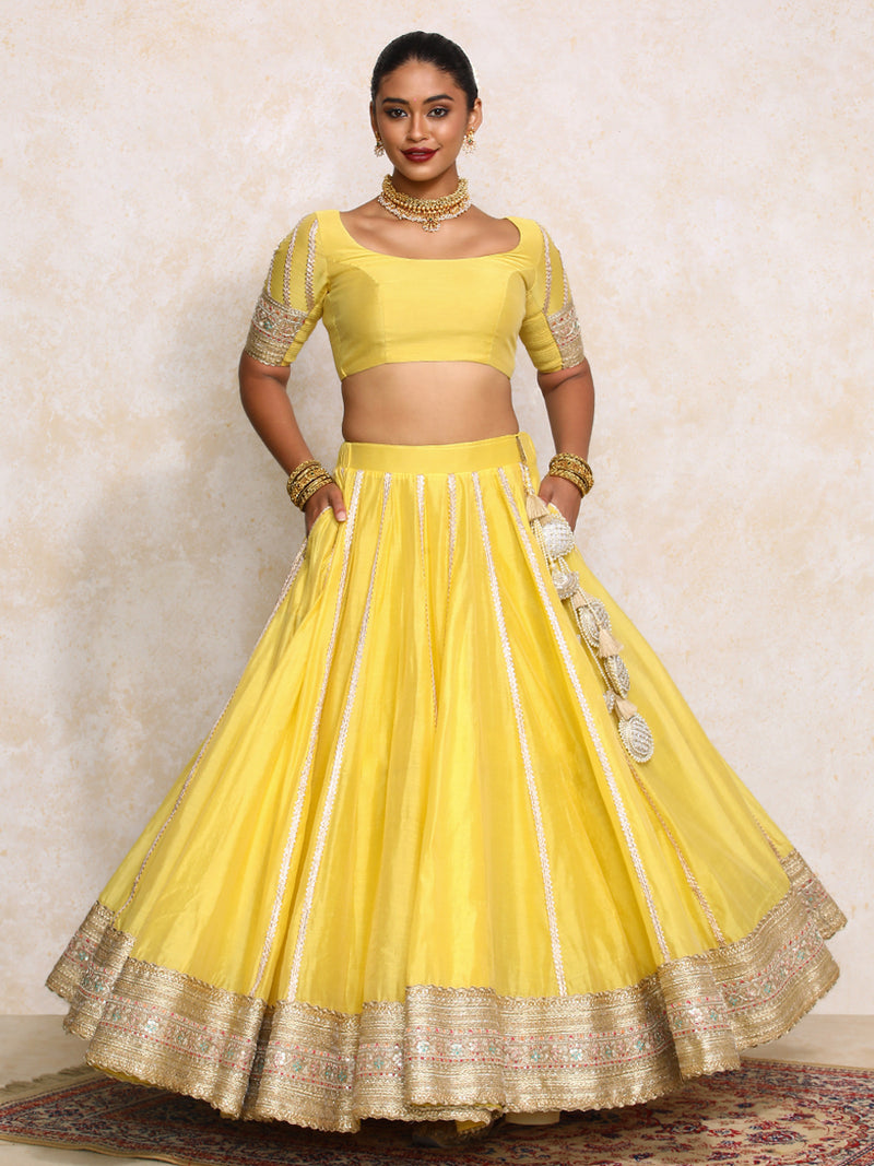 Mahira x Tyohaar | Sunny Yellow Plain Chandheri FlareFit™ Lehenga Set-Binks