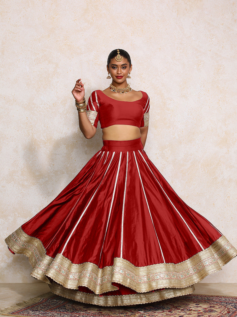 Mahira x Tyohaar | Velvet Red Plain Chandheri FlareFit™ Lehenga Set with Dupatta-Binks