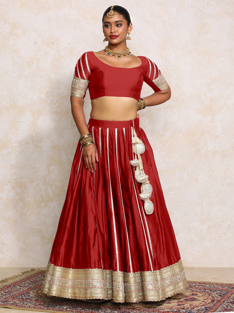 Mahira x Tyohaar | Velvet Red Plain Chandheri FlareFit™ Lehenga Set with Dupatta-Binks