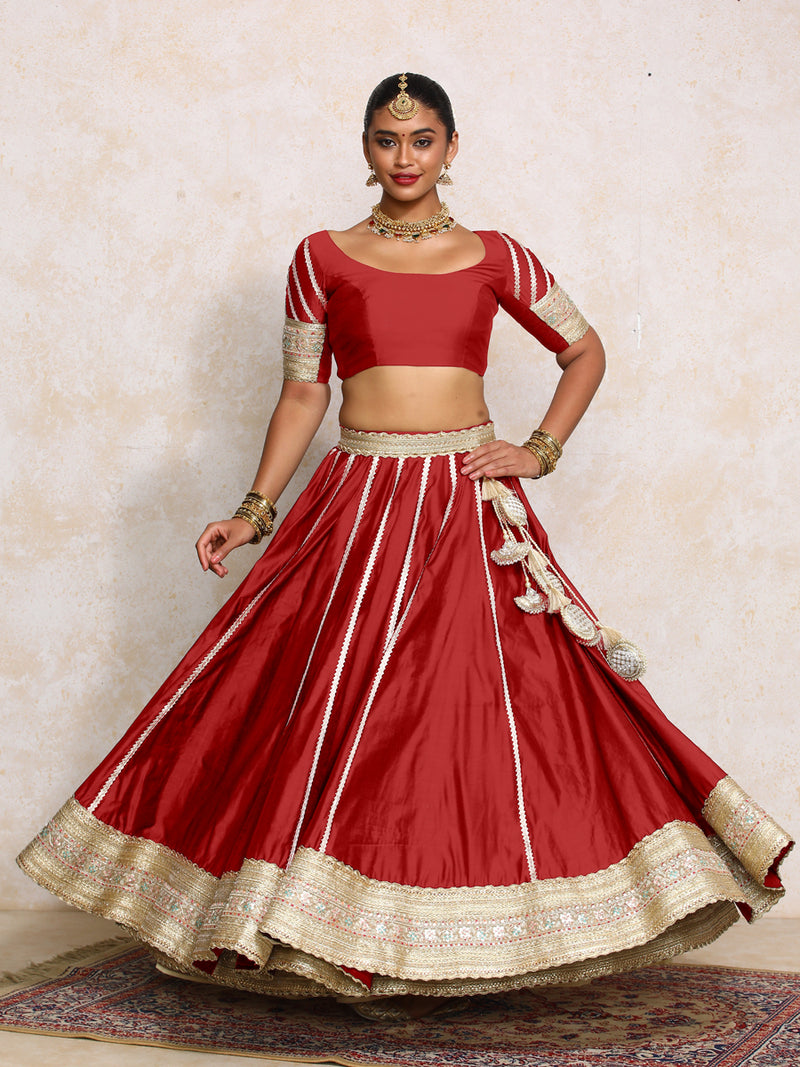 Mahira x Tyohaar | Velvet Red Plain Chandheri FlareFit™ Lehenga Set with Dupatta-Binks