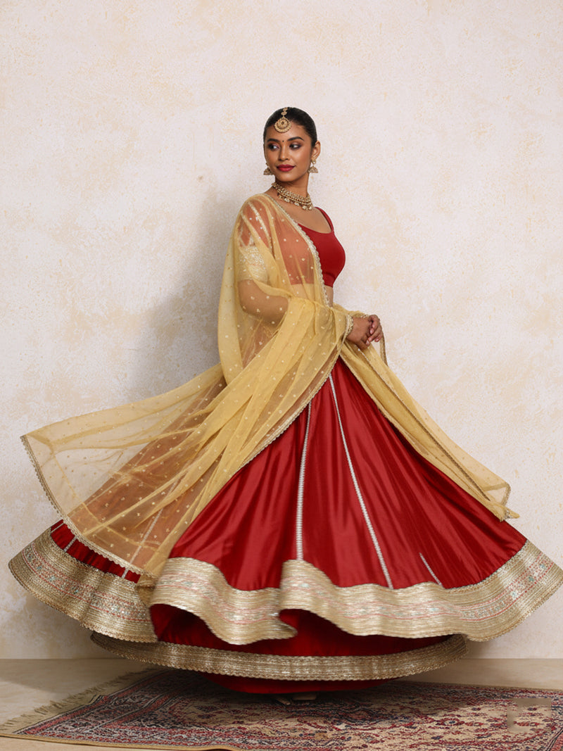 Mahira x Tyohaar | Velvet Red Plain Chandheri FlareFit™ Lehenga Set with Dupatta-Binks