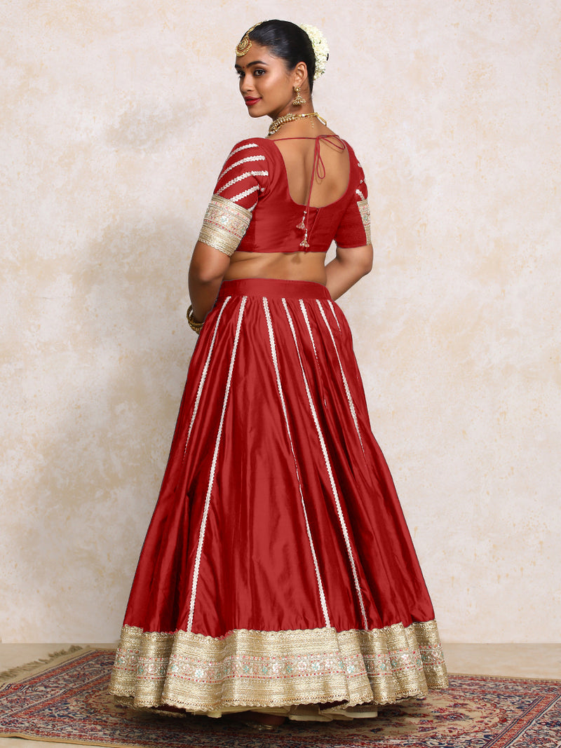 Mahira x Tyohaar | Velvet Red Plain Chandheri FlareFit™ Lehenga Set with Dupatta-Binks
