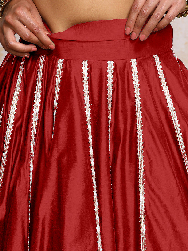 Mahira x Tyohaar | Velvet Red Plain Chandheri FlareFit™ Lehenga Set with Dupatta-Binks