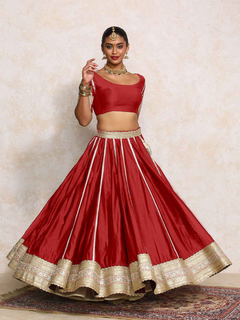 Mahira x Tyohaar | Velvet Red Plain Chandheri FlareFit™ Lehenga Set with Dupatta-Binks