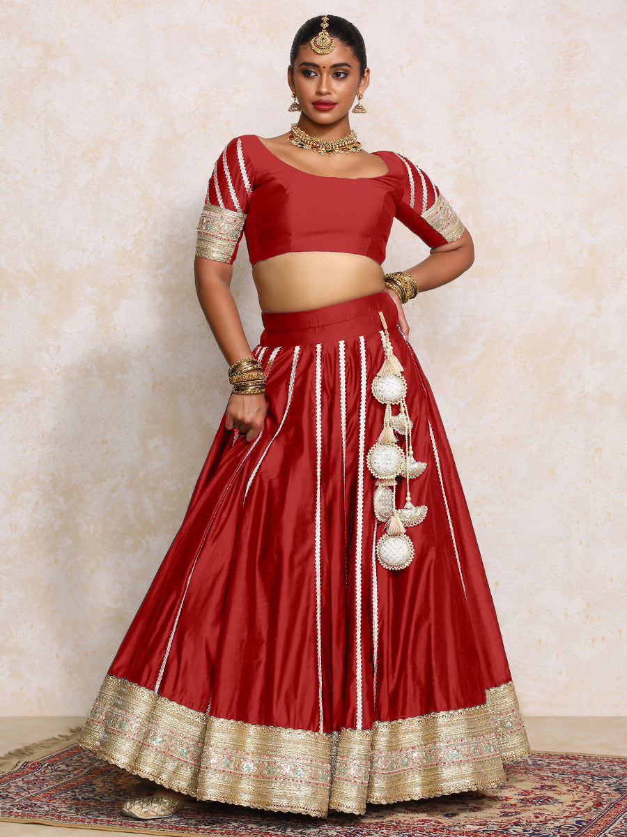 Mahira x Tyohaar Lehenga Set, in Red Chandheri, featuring elbow sleeves and scoop neckline, made for party & festive (view 8).