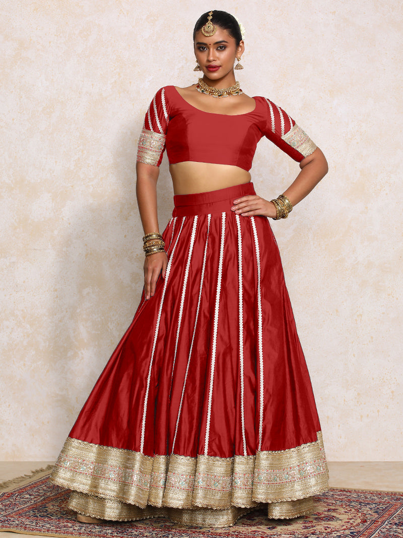 Mahira x Tyohaar | Velvet Red Plain Chandheri FlareFit™ Lehenga Set with Dupatta-Binks