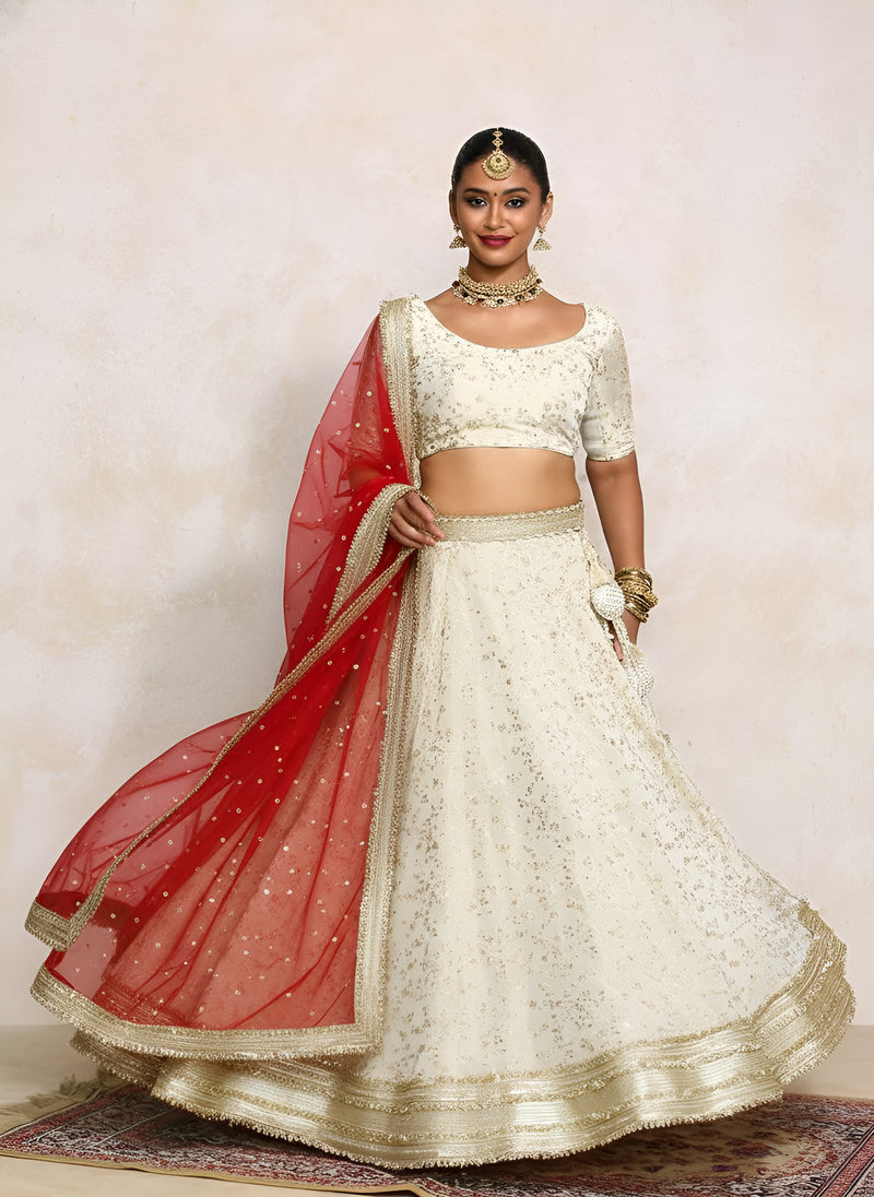 Mahroo x Tyohaar | Cream Embroidered Tissue FlareFit™ Lehenga Set with Red Dupatta-Binks