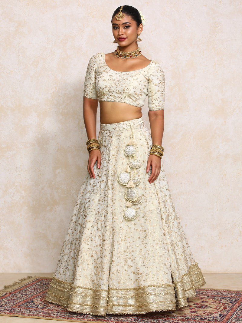 Aabroo x Tyohaar | Cream Embroidered Tissue FlareFit™ Lehenga Set with Dupatta-Binks