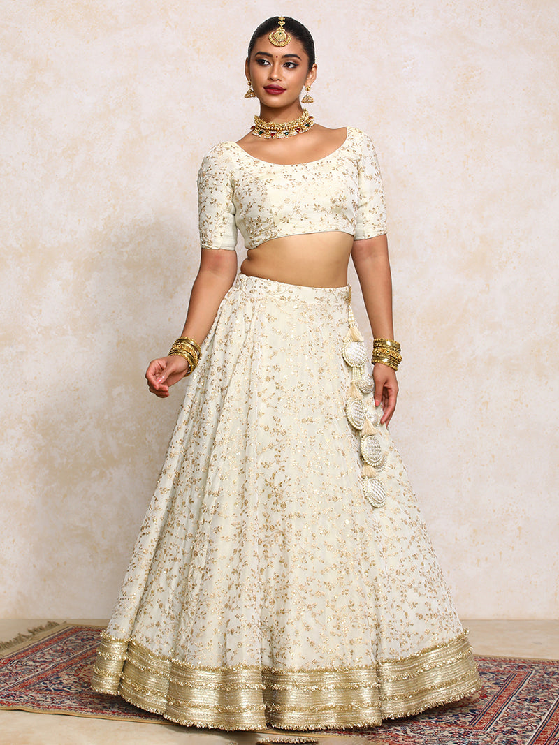 Aabroo x Tyohaar | Cream Embroidered Tissue FlareFit™ Lehenga Set with Dupatta-Binks