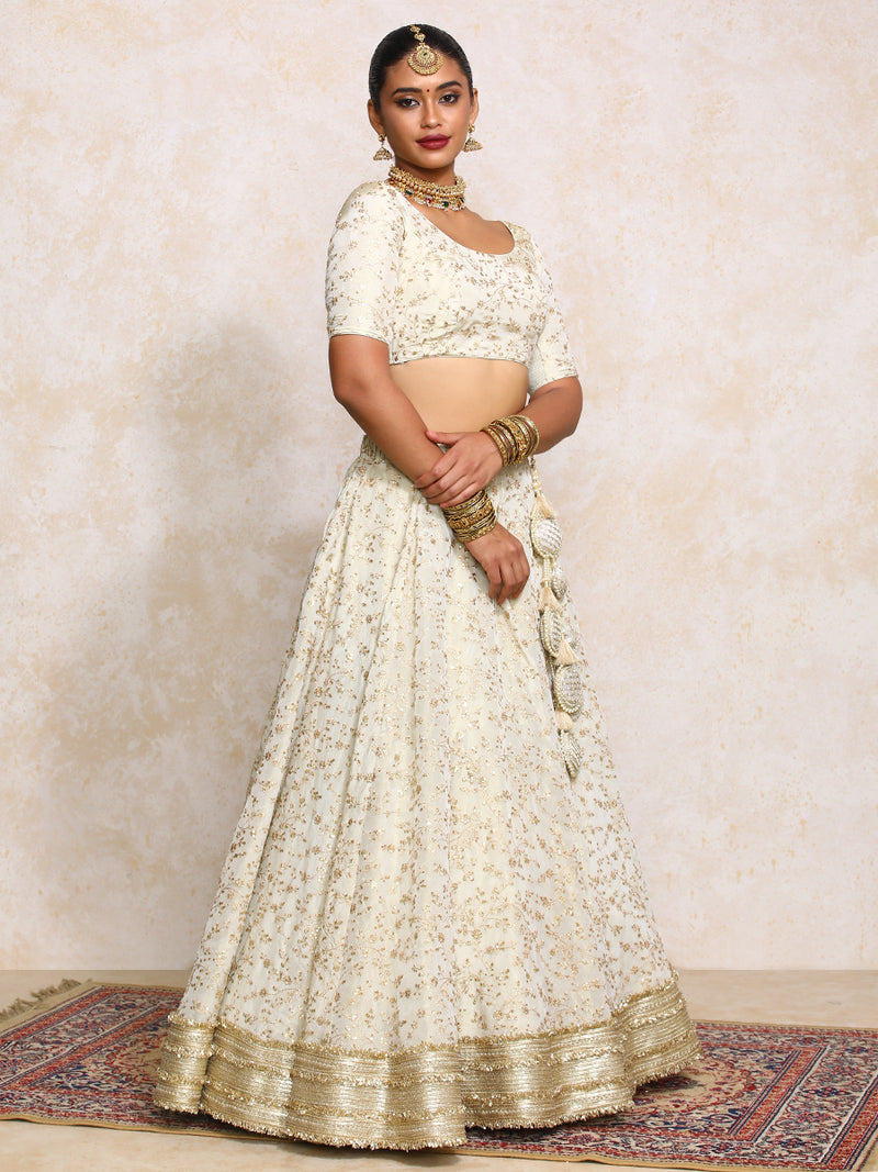 Aabroo x Tyohaar | Cream Embroidered Tissue FlareFit™ Lehenga Set with Dupatta-Binks
