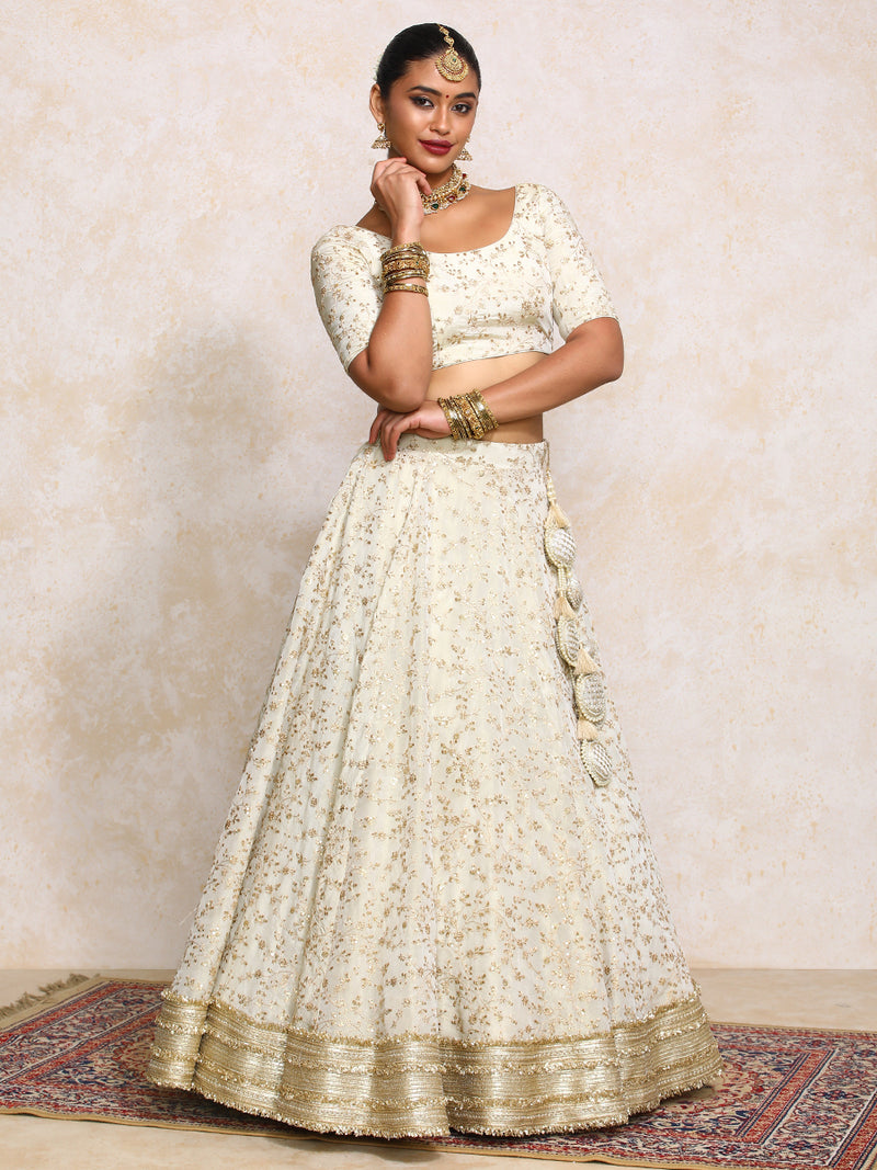 Aabroo x Tyohaar | Cream Embroidered Tissue FlareFit™ Lehenga Set with Dupatta-Binks