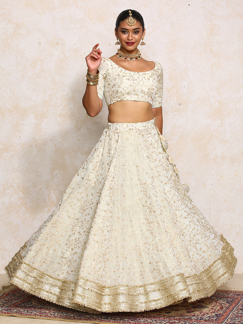 Aabroo x Tyohaar | Cream Embroidered Tissue FlareFit™ Lehenga Set with Dupatta-Binks