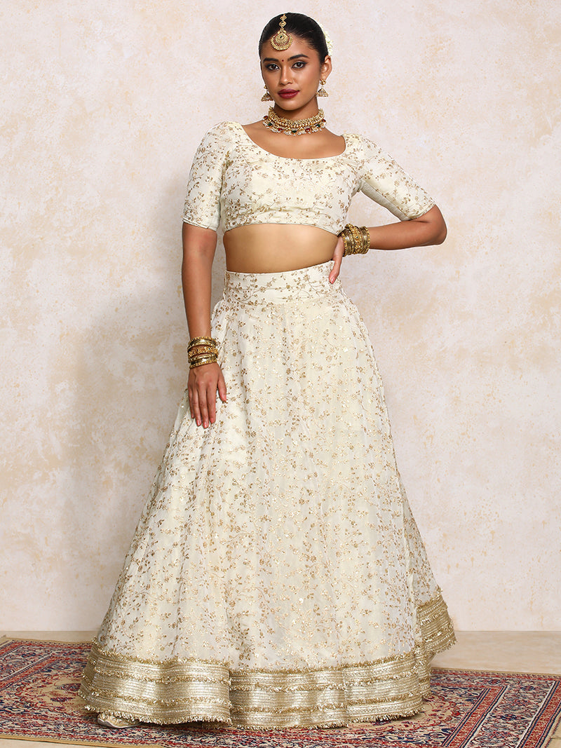 Aabroo x Tyohaar | Cream Embroidered Tissue FlareFit™ Lehenga Set with Dupatta-Binks