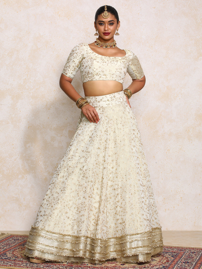 Aabroo x Tyohaar | Cream Embroidered Tissue FlareFit™ Lehenga Set with Dupatta-Binks