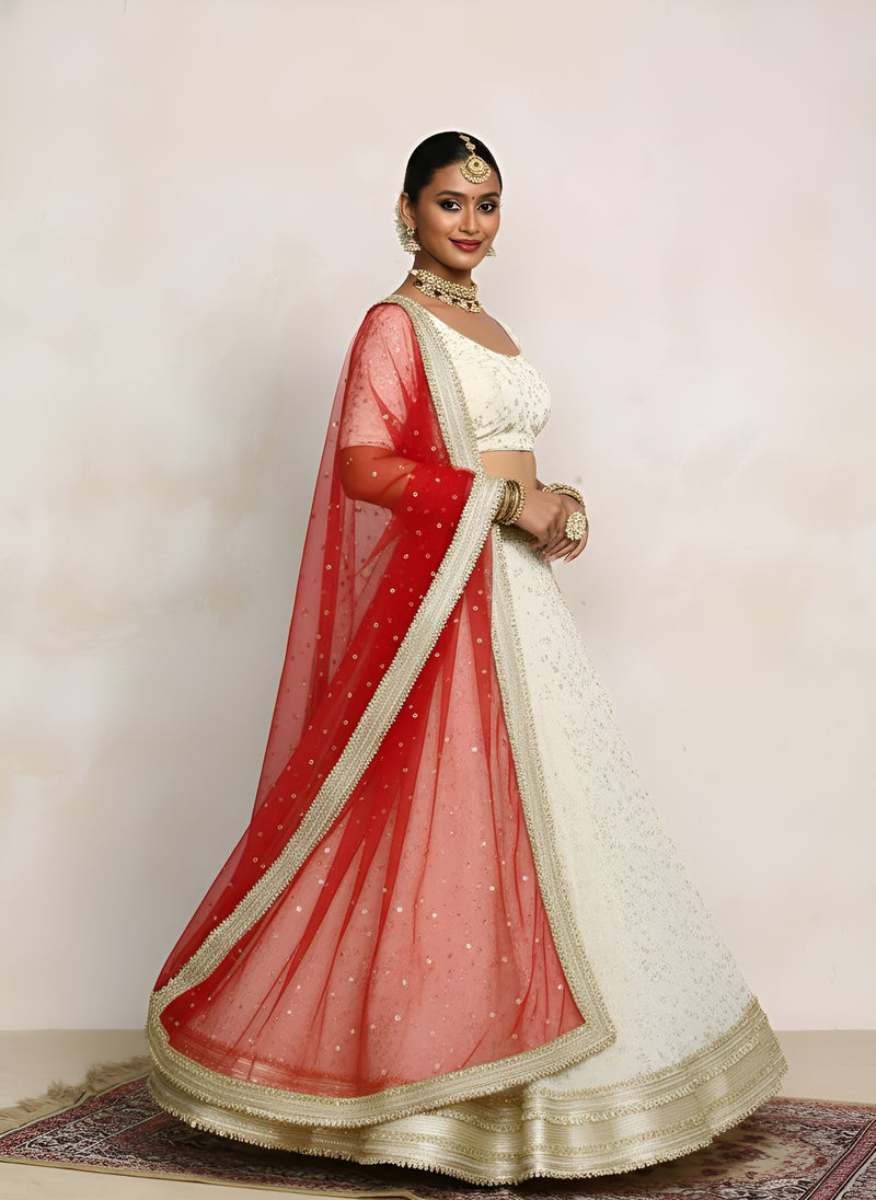 Mahroo x Tyohaar | Cream Embroidered Tissue FlareFit™ Lehenga Set with Red Dupatta-Binks