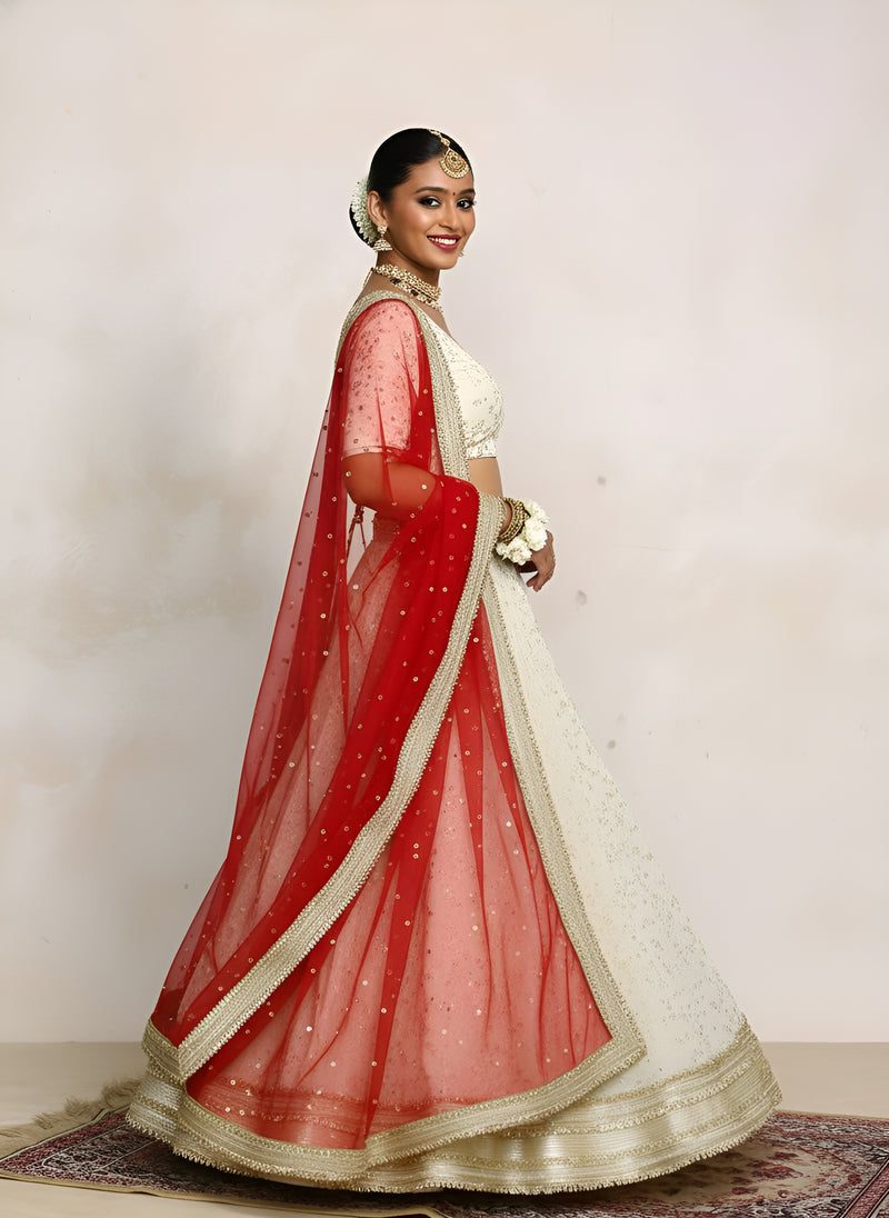Mahroo x Tyohaar | Cream Embroidered Tissue FlareFit™ Lehenga Set with Red Dupatta-Binks