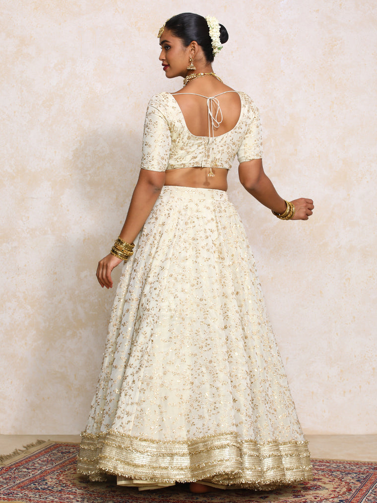 Mahroo x Tyohaar Lehenga Set, in Cream Embroidered Viscose Tissue, featuring elbow sleeves and scoop neckline (view 2).
