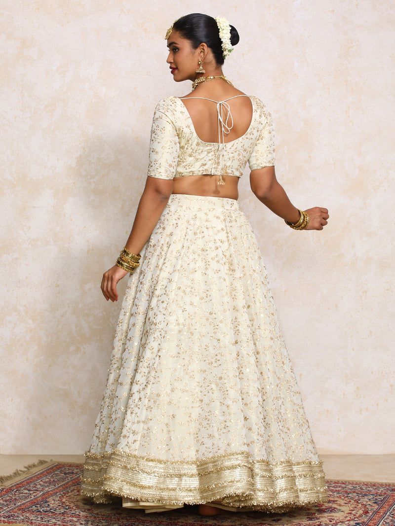 Aabroo x Tyohaar | Cream Embroidered Tissue FlareFit™ Lehenga Set with Dupatta-Binks